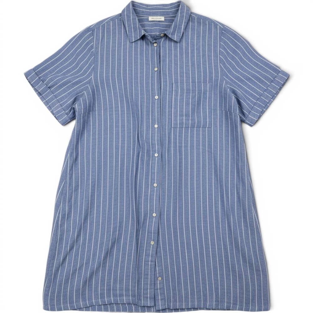 Old Navy Womens 2X Blue White Striped Linen Blend Short Sleeve Shirt Dress